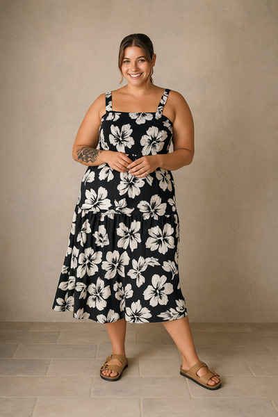 Stil Diva Plus Size Floral Pattern Thick Strap Elastic Waist Dress T-79