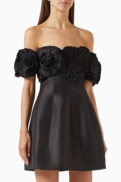 Acler فستان قصير أسود مكشوف الكتفين - بطانة، 65% بوليستر، 35% قطن، قماش ساتان، تفاصيل روزيت