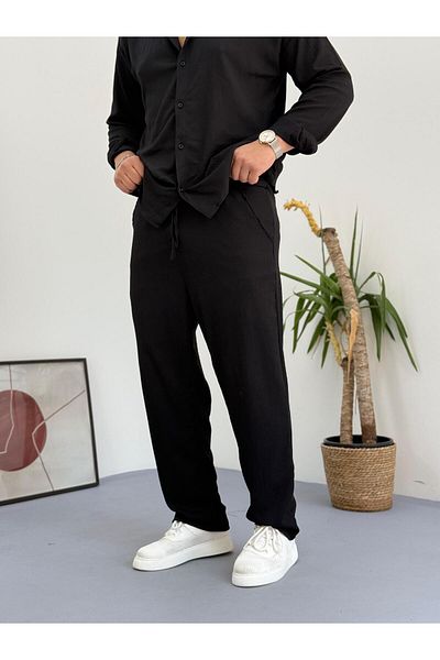 Baycombine35 Unisex Relaxed Fit Wrinkle Crinkle Fabric Trousers