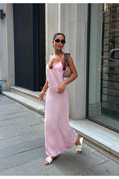 GLAMMOSS L'Atelier Derin Sırt Dekolteli İp Askılı Maxi Elbise GLM-549