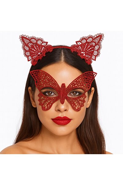 Go İthalat مجموعة قناع وتاج من الدانتيل الأحمر الفاخر رقم 7 - للحفلات التنكري...