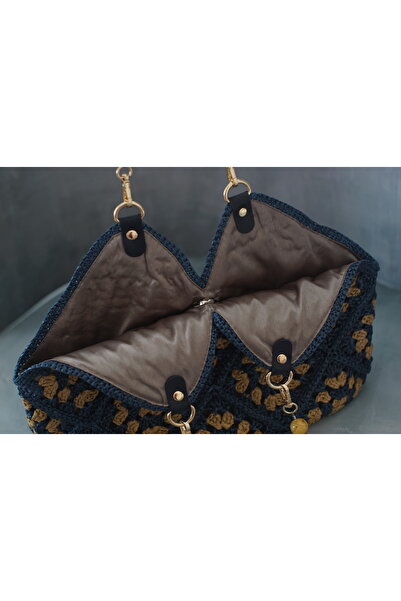 Mreydis El Örgüsü Rafya Çanta – Motifli Kare Desen - Tote – Mavi Omuz Çantası – Bohem - Yazlık - El Yapımı