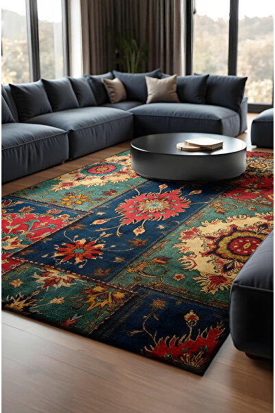 MUN HOME modern Desenli vintage lacivert kırmızı yeşil Dokuma Yıkanabilir kay...