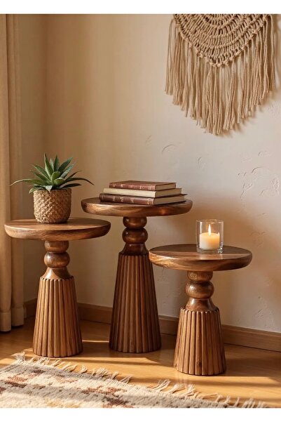 ASELYA HOME Doğal Ahşap 3’lü Set Mantar Yan Sehpa Modern Fiskos Zigon Çiçeklik