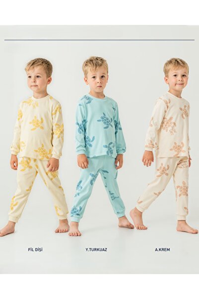 Bebelove Erkek / Kız Çocuk Kaplumbağa Baskılı O Yaka Uzun Kol Pijama Takım