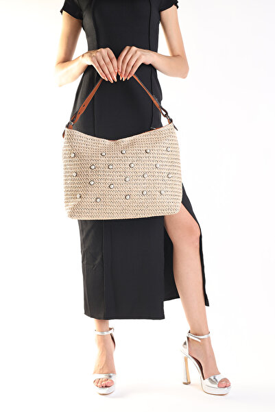 Moda Lime Μπεζ πλεκτή ψάθινη τσάντα ώμου με λεπτομέρεια μαργαριταριού – μεγάλ...