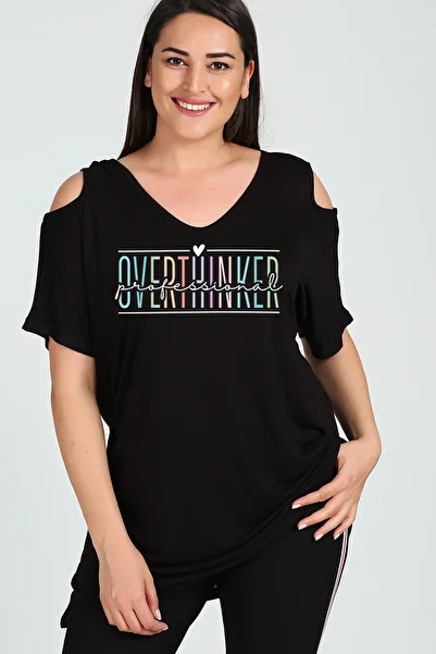 Curvy Trend Plus Size Overthinker Printed Shoulder V Window Short Sleeve Blouse