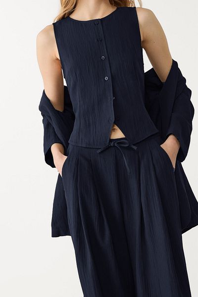 VODENS Linen Modal Blend Loose Cut Navy Blue Trousers with Elastic Waist