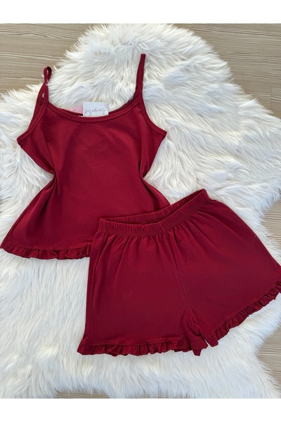 Pijamacs Burgundy Cotton Rope Strap Ruffle Detailed Shorts Pajama Set