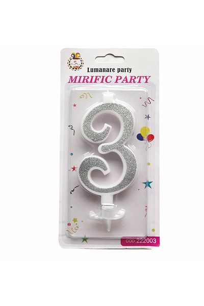 SDX Market Cake candle, number 3, Silver with glitter