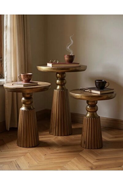 ASELYA HOME Doğal Ahşap 3’lü Set Mantar Yan Sehpa Modern Ceviz Renk Fiskos Zi...