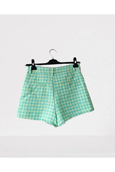 Namaste Vintage Mint Green Houndstooth Print Short Tweed Woven Shorts