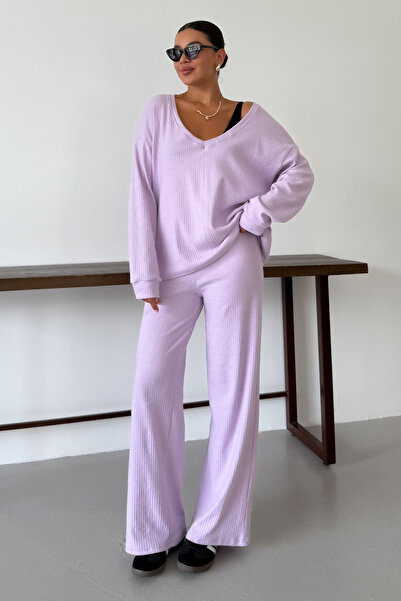 MODAGEN Women's Lilac Wide V Neck Long Sleeve Bottom-Top Pants Suit