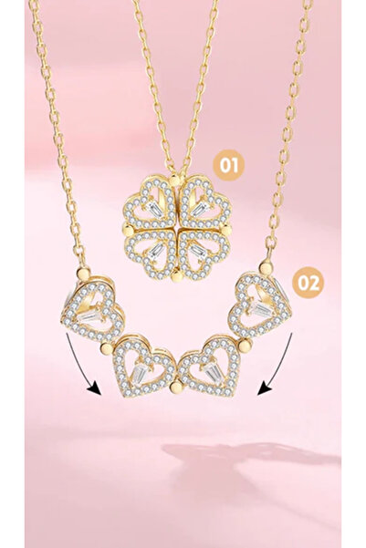 Dia store Çelik Zirkon Taşlı Çoklu Kalpli Mıknatıslı Açılır Kapanır Yonca Kadın Kolye Sevgili Kolye