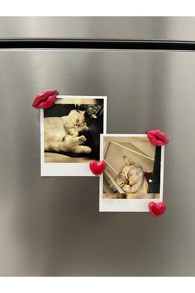 Home 4'lü Dekoratif Buzdolabı Magnet Seti – Kalpli ve Dudaklı Fotoğraf Tutucu...