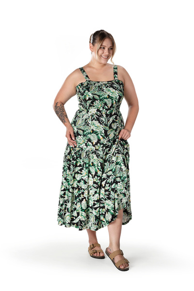 Stil Diva Plus Size Floral Print Thick Strap Elastic Waist Dress T-82