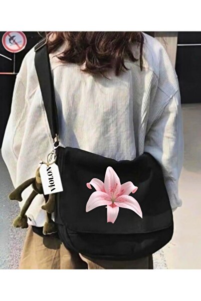 Violon Μαύρη τσάντα ταχυδρόμου με ροζ φλοράλ στάμπα
