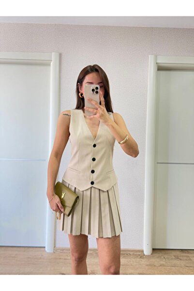 ELLA Linen Suit Look Mini Dress with Button Detail Vest - Claret Red