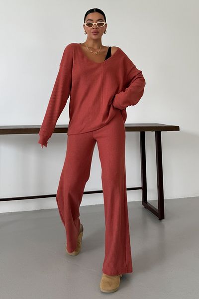 MODAGEN Women's Tile Wide V Neck Long Sleeve Bottom-Top Pants Suit