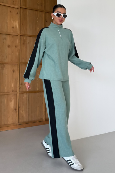 MODAGEN Women's Mint Green Stand Collar Half Zipper Thick Line Detailed Bottom-Top Set