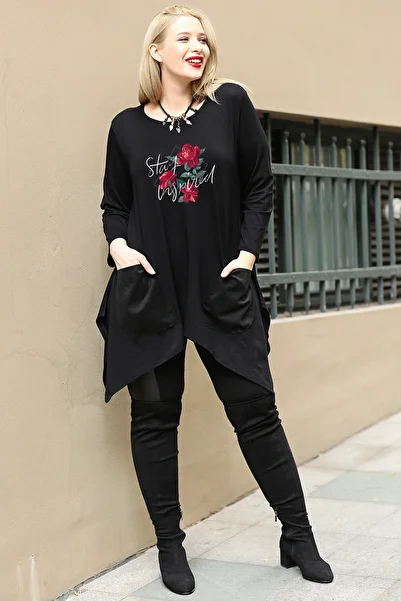 Curvy Trend Plus Size Stay Inspired Printed Front Pocket Slit Long Sleeve Tunic