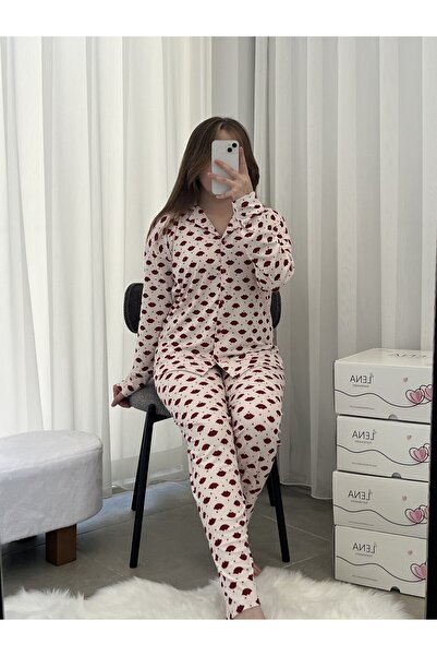 Lena Homewears Ekru Dudak Desenli Pijama Takımı