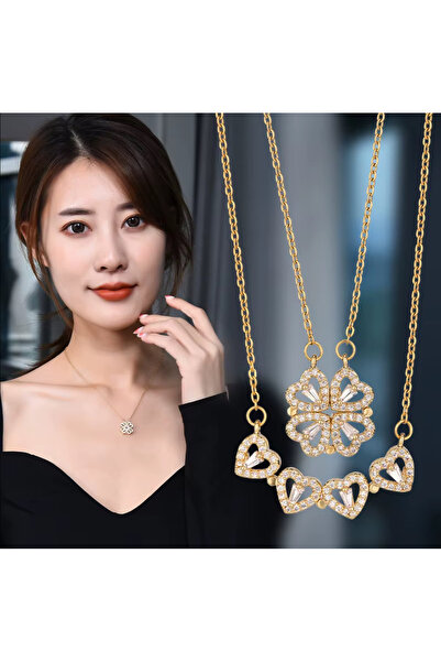 Dia store Çelik Zirkon Taşlı Çoklu Kalpli Mıknatıslı Açılır Kapanır Yonca Kadın Kolye Sevgili Kolye