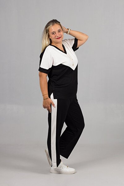 Truva XXL Σετ αθλητικής φόρμας από λύκρα και χτενισμένο βαμβάκι σε μαύρο και λευκό χρώμα για μεγάλες μέγεθος ημέρες γεμάτες ενέργεια