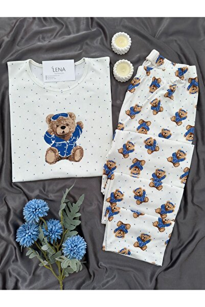 Lena Homewears Σετ πιτζάμες με λαιμόκοψη με σχέδιο αρκουδάκι εκρού