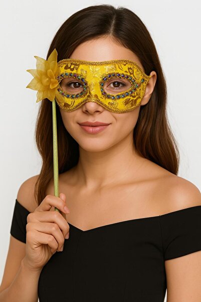 Go İthalat قناع حفلات تنكرية فاخر بمقبض حجري ذهبي اللون 35 سم (4887) MCHD-RSGO34