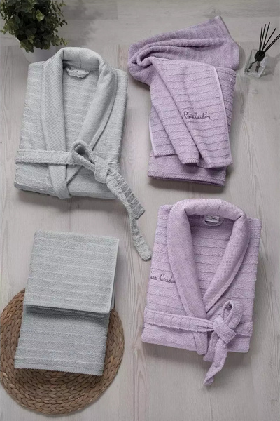 Pierre Cardin Çeyizlik Desenli %100 Pamuk 6'lı Bornoz Havlu Seti 2 Bornoz & 2 Yüz Havlusu & 2 Banyo Havlusu