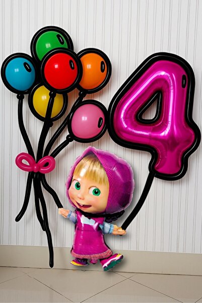 PARTİAVM 4 Yaş Lisanslı Büyük Boy Maşa Koca Ayı Balon Seti Maşa Balon Doğum G...