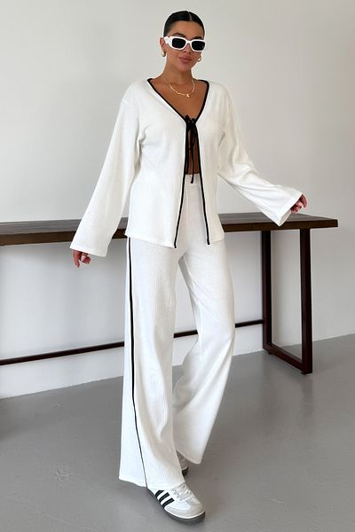 MODAGEN Women's White Front Tie Detailed Piping Bottom-Top Trouser Suit
