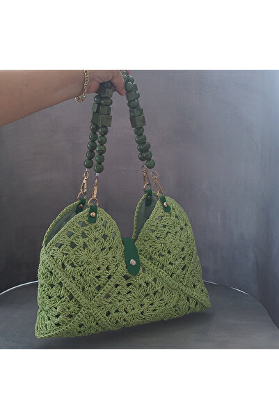 Mreydis Geantă din rafie tricotată manual – Motiv pătrat – Tote – Geantă de u...