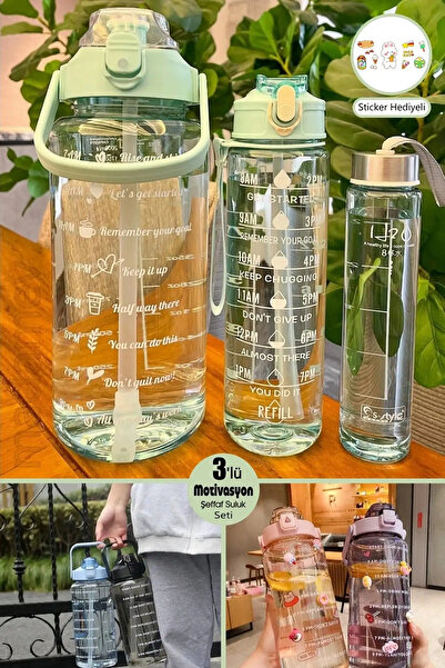 Berdina Home 3lü Motivasyonel Su Matarası Soft Green Stickerlı Pipetli Taşınabilir Sızdırmaz Su Şişesi Matarası