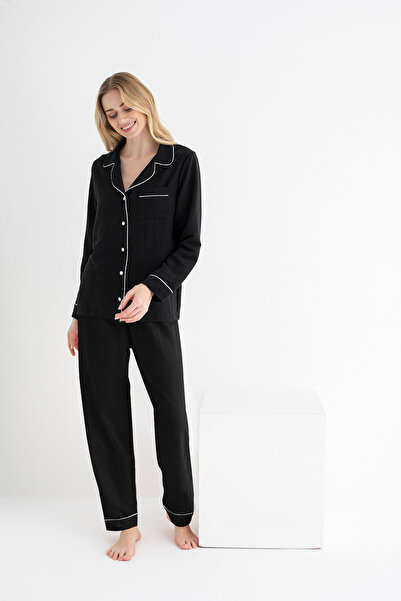 DOFİ Kadın Aerobin Pijama Takımı – Siyah & Açık Pembe, Düğmeli Cep ve Biyeli Manşet Detaylı