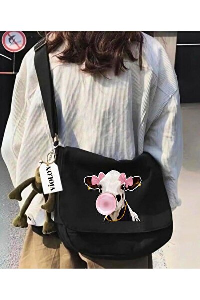 Violon Μαύρη τσάντα ταχυδρόμου με στάμπα αγελάδας Aşko