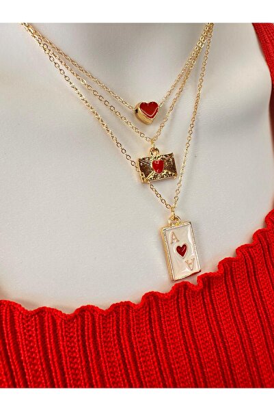 Uno Di Famiglia Set of 3 Charm Necklaces, Heart Necklace, Envelope Necklace, Ace Necklace, Red Heart Themed Necklace Set
