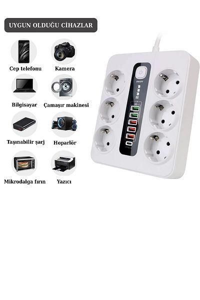 Vezir Aksesuar 6-Piece Multi-Plug Socket with Smart Security – Thermal Current Protection, 2m Cable, 4 USB + 2 Type-C Outlets