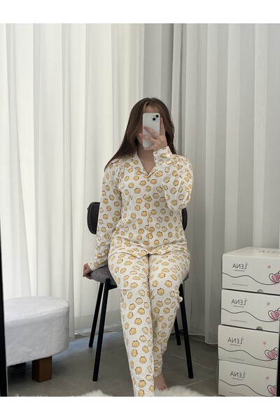Lena Homewears Ekru Sarı Civciv Desenli Uzun Kollu Pijama Takımı
