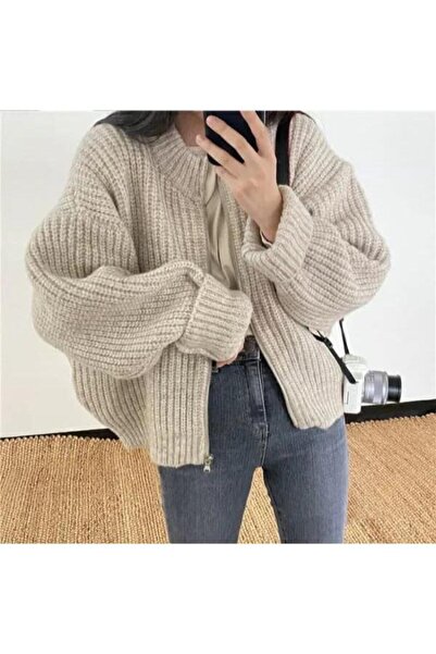 nathia outdoors Oversize Selanik Örme Fermuar Detaylı Triko Kadın Hırka