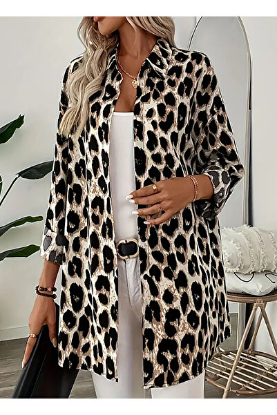 Jone Collection 87 Leopar Desenli Gömlek Kadın Giyim