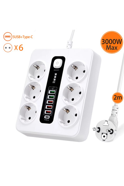 Vezir Aksesuar 6-Piece Multi-Plug Socket with Smart Security – Thermal Current Protection, 2m Cable, 4 USB + 2 Type-C Outlets
