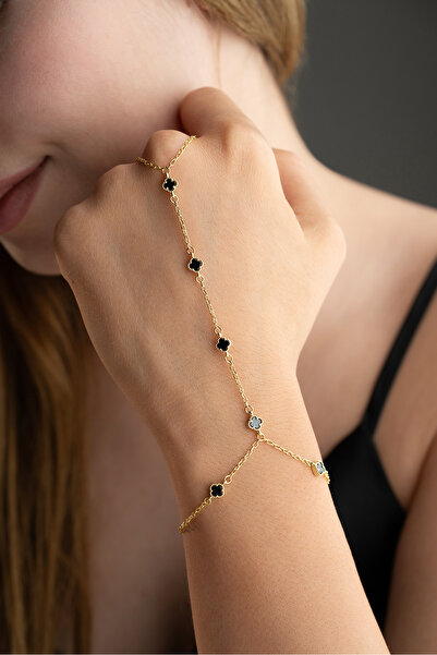 Silvano Jewelry 925 Ayar Gümüş Siyah Taşlı Yonca Şahmeran
