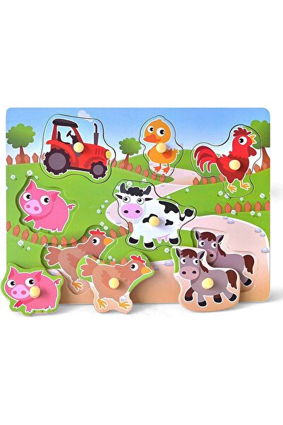 SDX Market Joc educativ de puzzle din lemn cu mâner Animale domestice