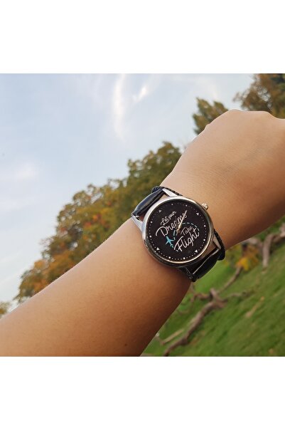 Skymag Ceas dama cu mesaj "Let your dreams take flight" curea neagra din piele ecologica, mecanism quartz