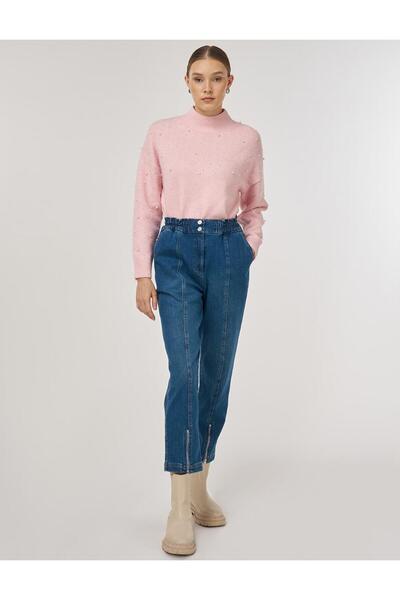 Kayra Zipper Detailed Denim Trousers Navy Blue