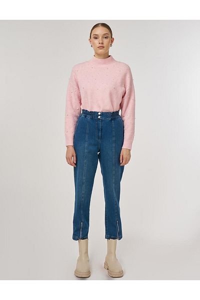 Kayra Zipper Detailed Denim Trousers Navy Blue