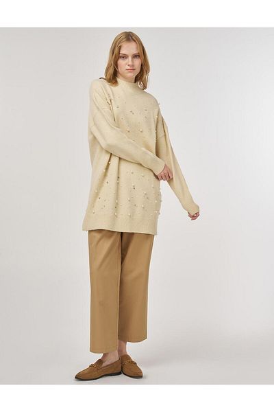 Kayra Pearl Detailed Knitwear Tunic Cream