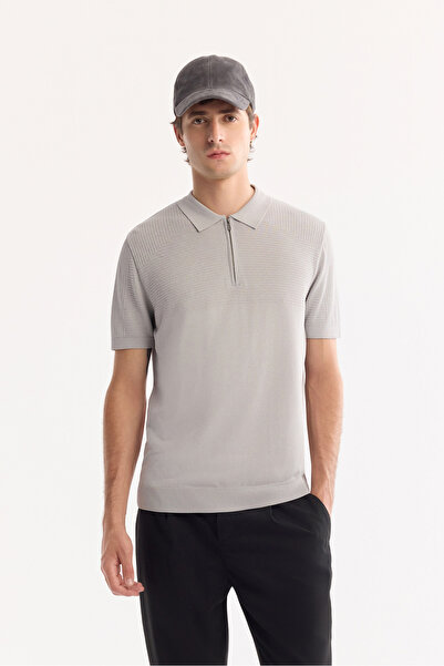Avva Men's Gray Polo Neck Zippered Rayon Non-Pilling Knitwear Regular Fit T-Shirt A52Y5006